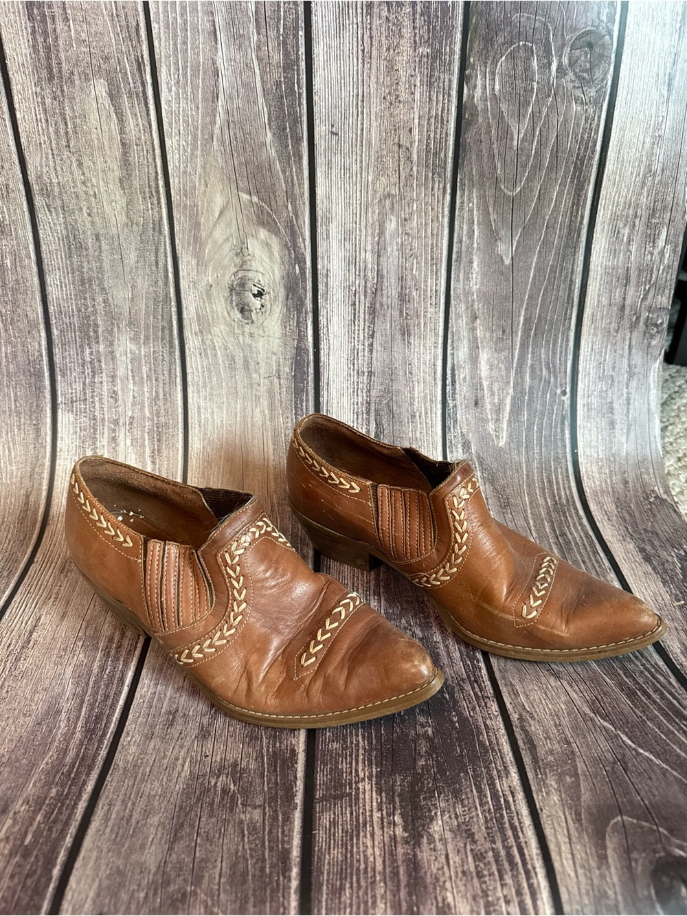 Women's Vintage Brown Leather Western Slip-On Ankle Boots
